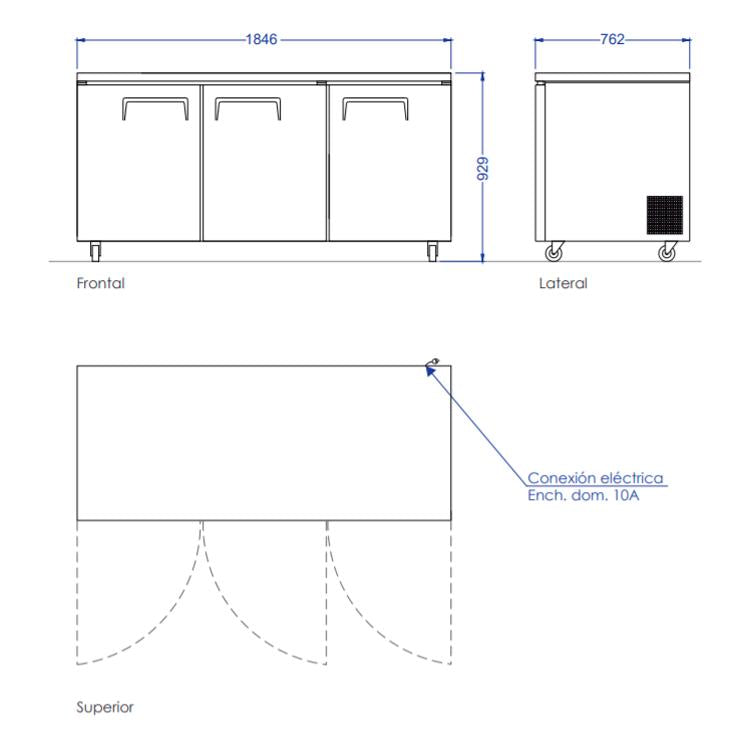 Mesón Refrigerado 3 Puertas LUC-650R 185 Cm Norkalt