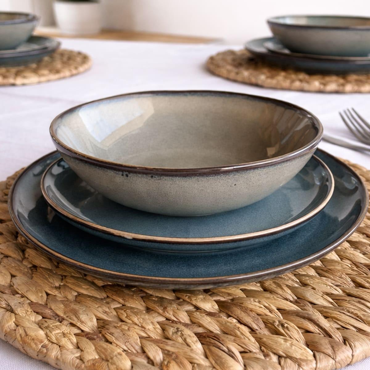 Set De 6 Plato Redondo Ceramica 21 Cm Azul Grafito Línea Rustica